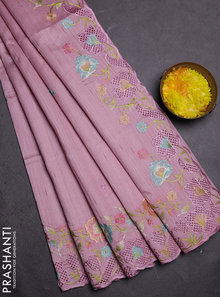Semi raw silk saree pastel pink with embroidered buttas and embroidery cut work border