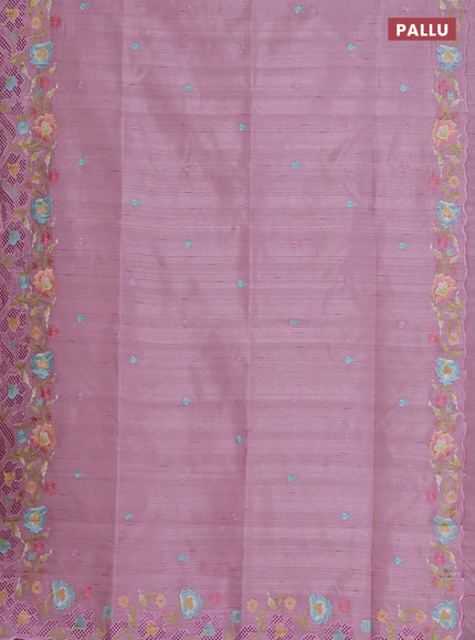 Semi raw silk saree pastel pink with embroidered buttas and embroidery cut work border