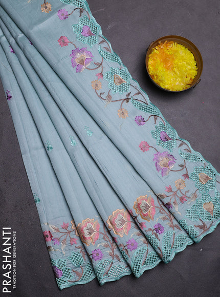 Semi raw silk saree pastel blue with embroidered buttas and embroidery cut work border