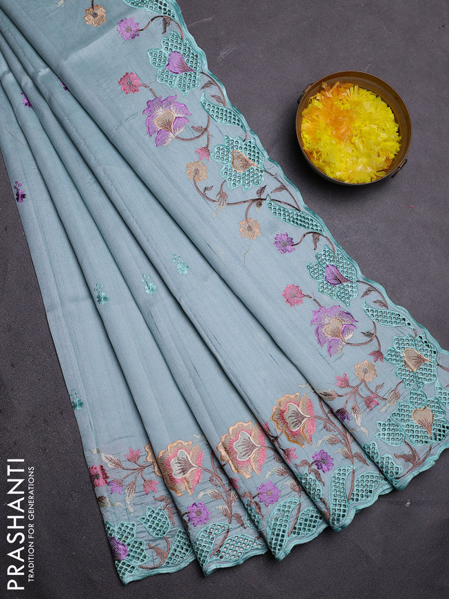 Semi raw silk saree pastel blue with embroidered buttas and embroidery cut work border