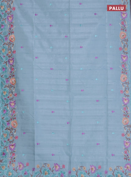Semi raw silk saree pastel blue with embroidered buttas and embroidery cut work border