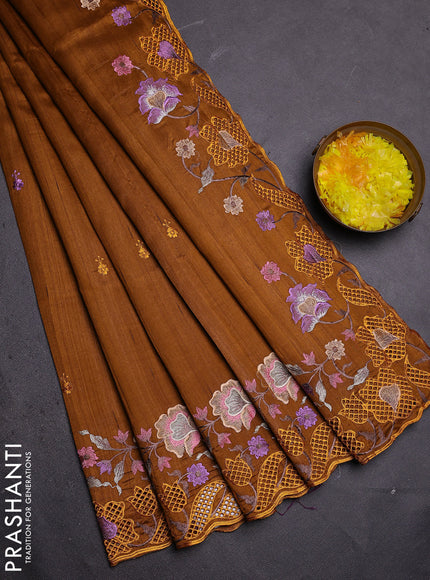 Semi raw silk saree dark mustard with embroidered buttas and embroidery cut work border