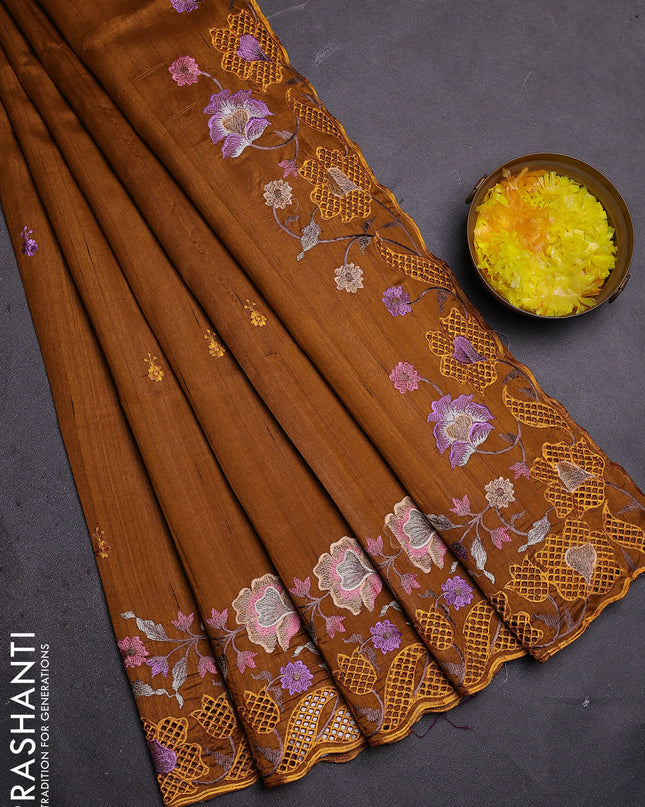 Semi raw silk saree dark mustard with embroidered buttas and embroidery cut work border