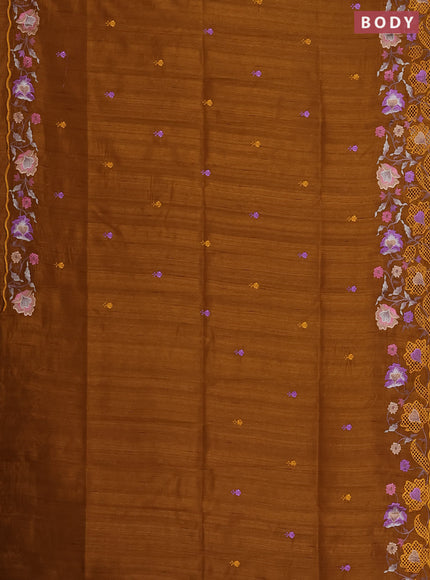 Semi raw silk saree dark mustard with embroidered buttas and embroidery cut work border
