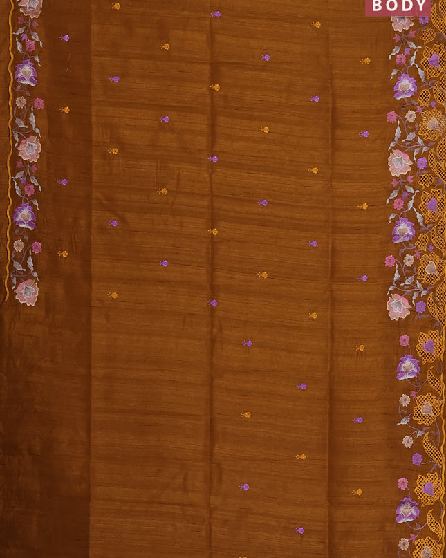Semi raw silk saree dark mustard with embroidered buttas and embroidery cut work border