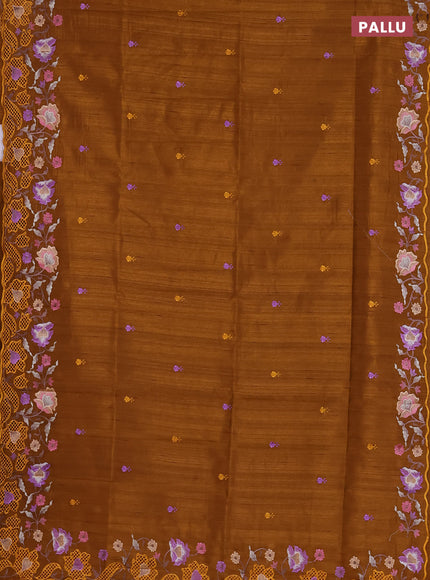 Semi raw silk saree dark mustard with embroidered buttas and embroidery cut work border