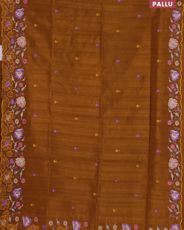 Semi raw silk saree dark mustard with embroidered buttas and embroidery cut work border