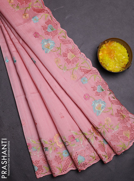 Semi raw silk saree peach shade with embroidered buttas and embroidery cut work border