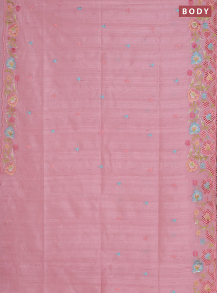Semi raw silk saree peach shade with embroidered buttas and embroidery cut work border