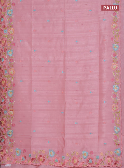 Semi raw silk saree peach shade with embroidered buttas and embroidery cut work border