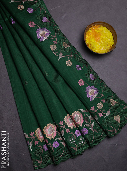 Semi raw silk saree green with embroidered buttas and embroidery cut work border