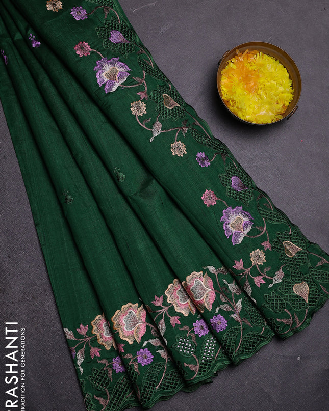 Semi raw silk saree green with embroidered buttas and embroidery cut work border