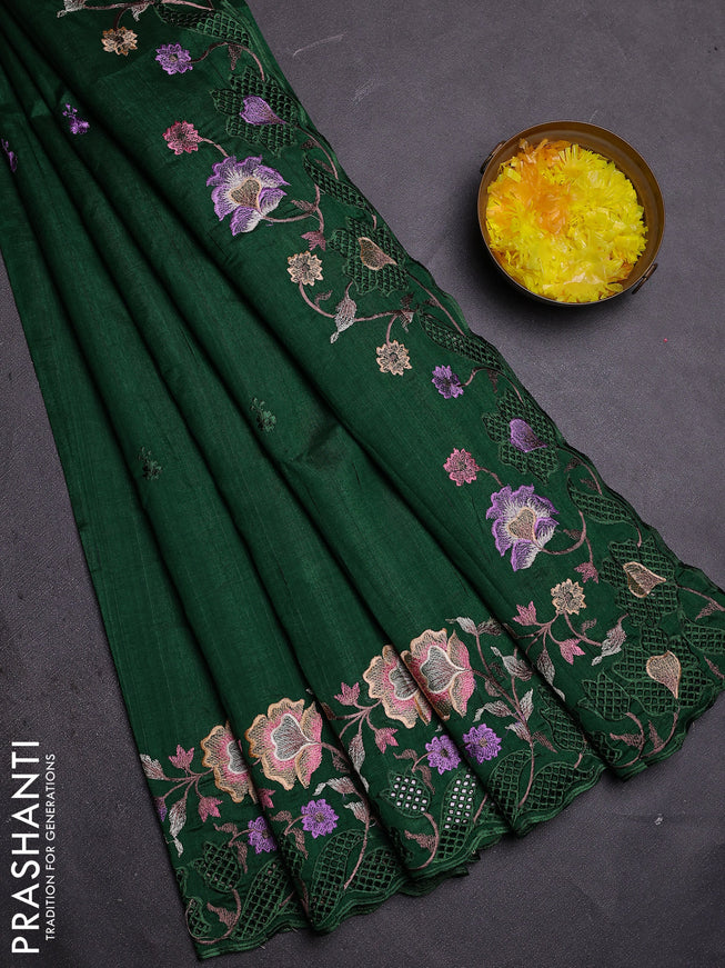 Semi raw silk saree green with embroidered buttas and embroidery cut work border
