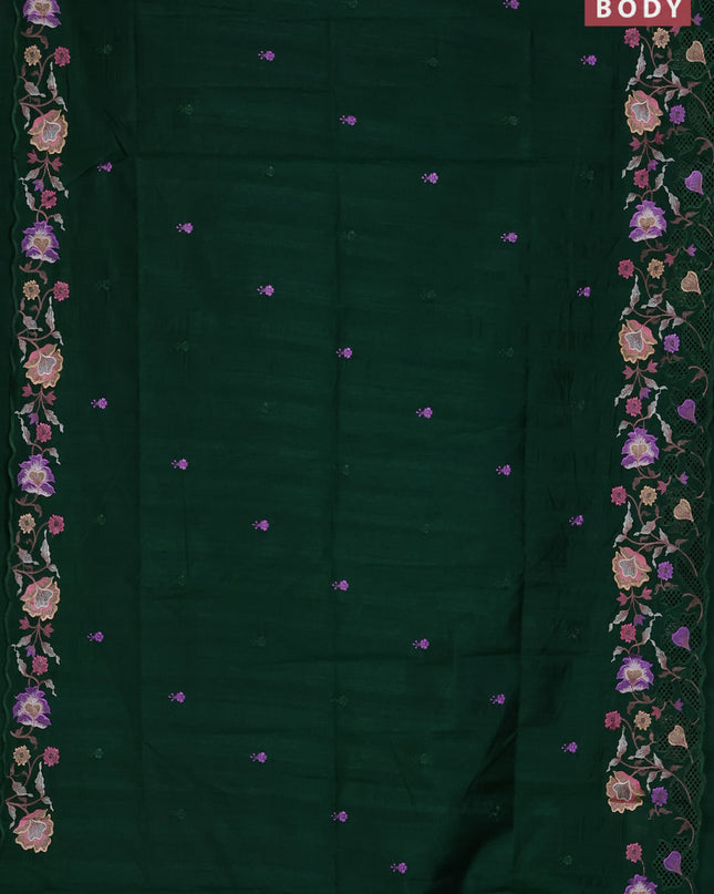 Semi raw silk saree green with embroidered buttas and embroidery cut work border