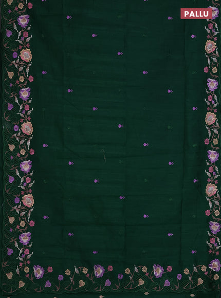Semi raw silk saree green with embroidered buttas and embroidery cut work border
