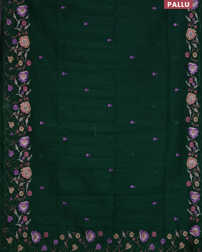 Semi raw silk saree green with embroidered buttas and embroidery cut work border