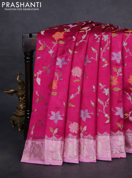 Poona silk saree pink and light pink with allover floral design weaving and zari woven border
