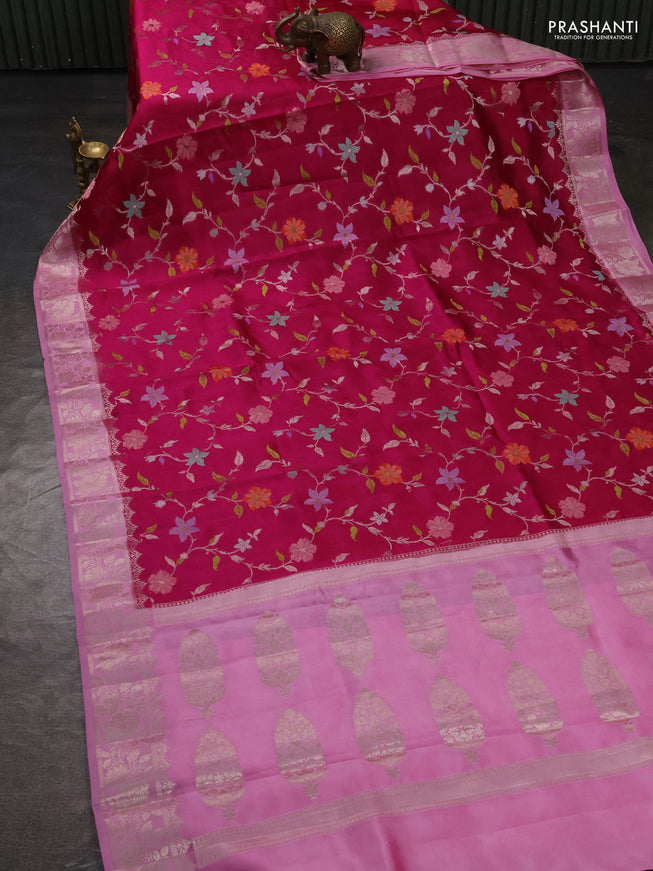 Poona silk saree pink and light pink with allover floral design weaving and zari woven border