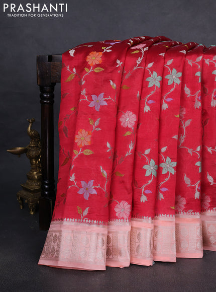 Poona silk saree red and peach shade with allover floral design weaving and zari woven border