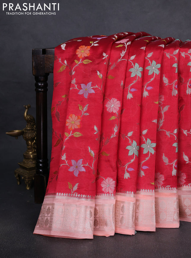 Poona silk saree red and peach shade with allover floral design weaving and zari woven border