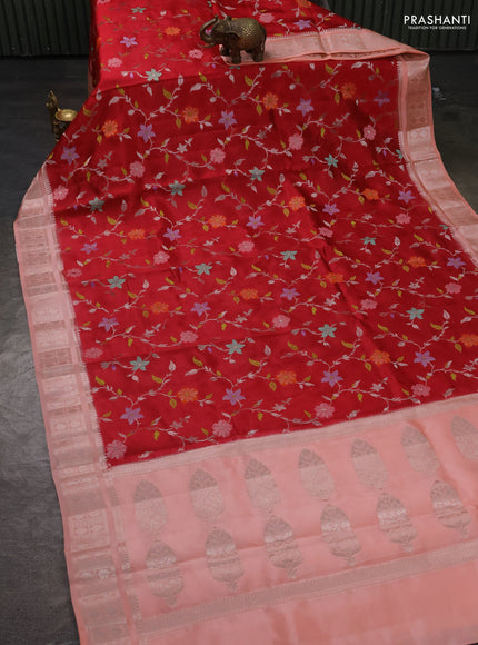 Poona silk saree red and peach shade with allover floral design weaving and zari woven border