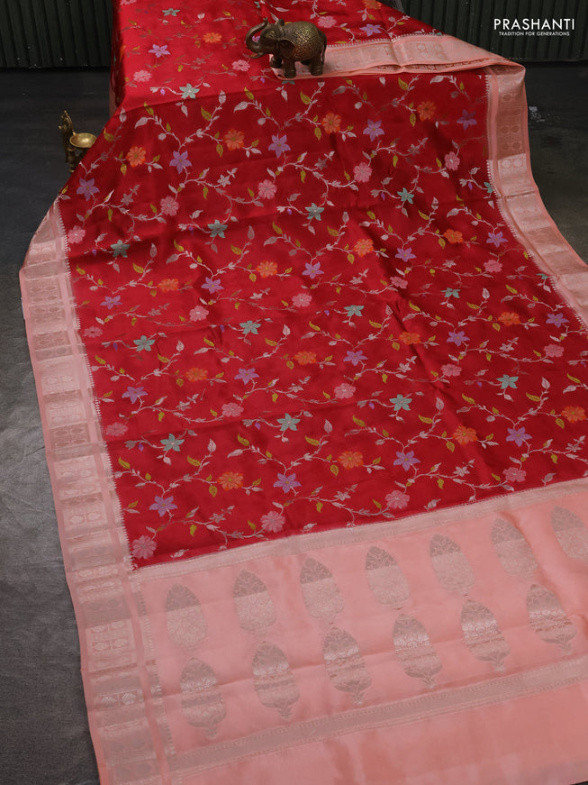 Poona silk saree red and peach shade with allover floral design weaving and zari woven border