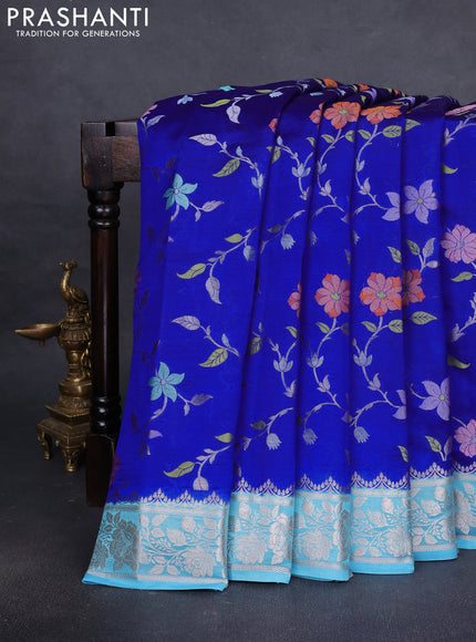 Poona silk saree royal blue and light blue with allover floral design weaving and zari woven border