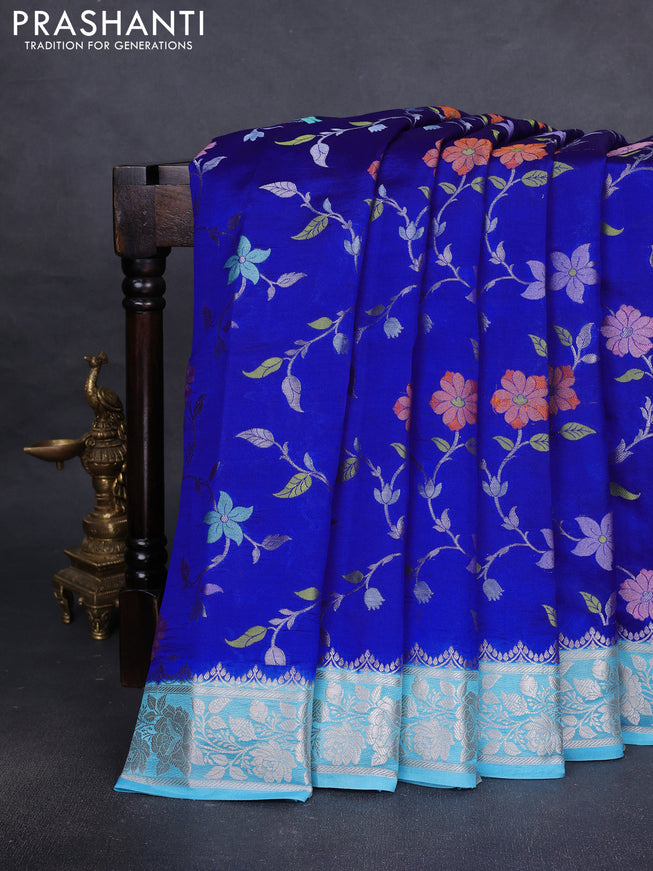 Poona silk saree royal blue and light blue with allover floral design weaving and zari woven border