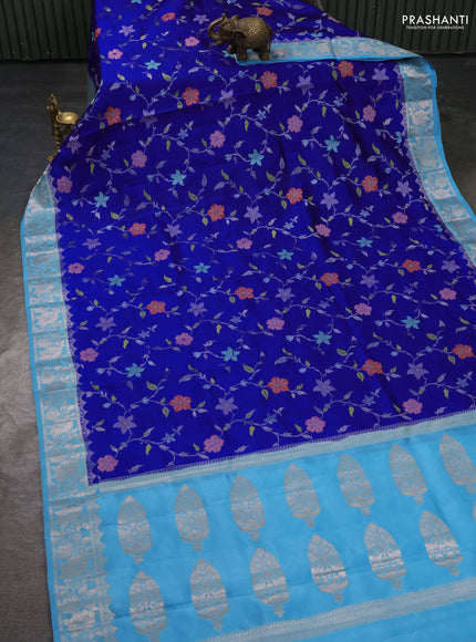Poona silk saree royal blue and light blue with allover floral design weaving and zari woven border