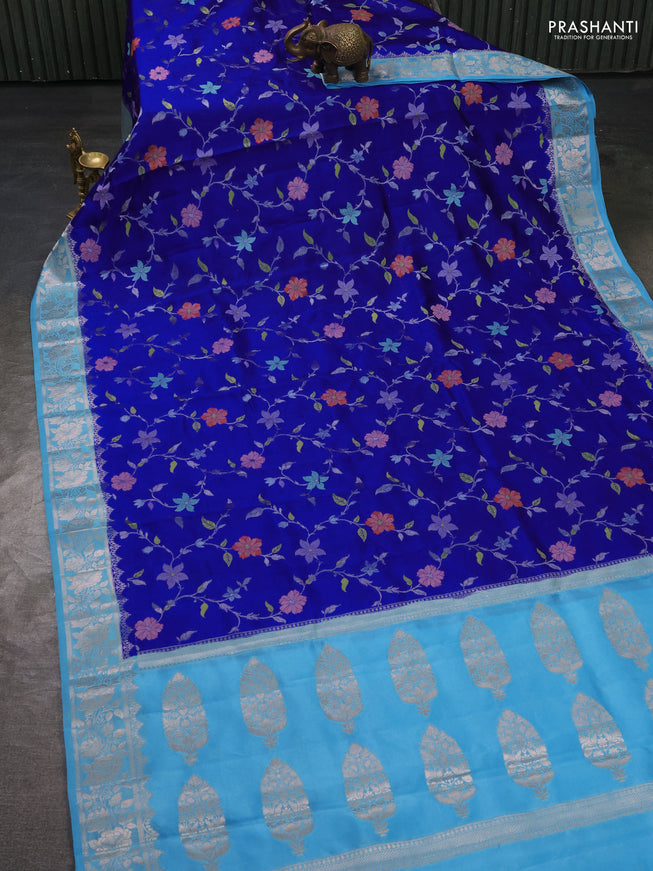 Poona silk saree royal blue and light blue with allover floral design weaving and zari woven border