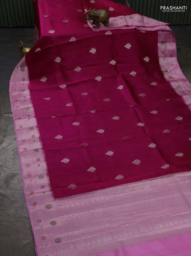 Banarasi poona silk saree pink and pastel pink with silver & gold zari woven buttas and zari woven border