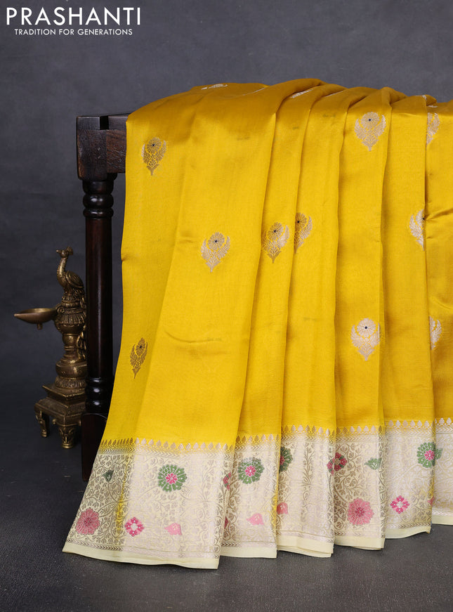 Banarasi poona silk saree yellow and pale yellow with silver & gold zari woven buttas and zari woven border