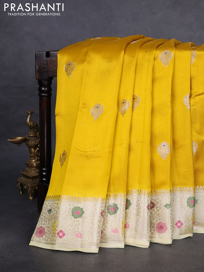 Banarasi poona silk saree yellow and pale yellow with silver & gold zari woven buttas and zari woven border