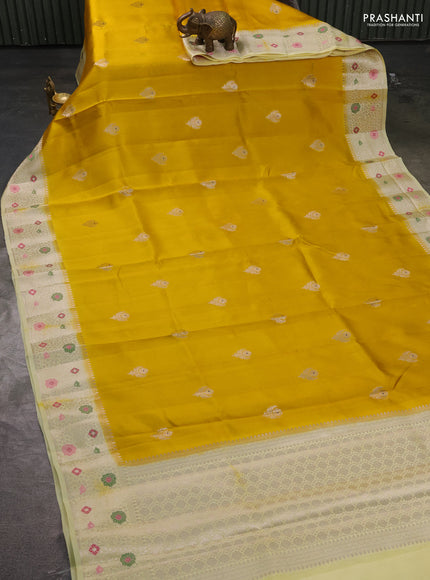 Banarasi poona silk saree yellow and pale yellow with silver & gold zari woven buttas and zari woven border