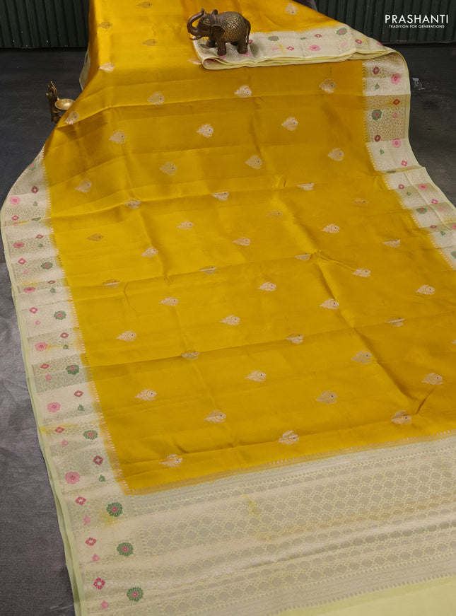 Banarasi poona silk saree yellow and pale yellow with silver & gold zari woven buttas and zari woven border
