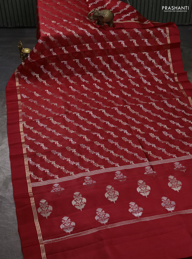Banarasi poona silk saree red with allover silver & gold zari weaves and zari woven simple border