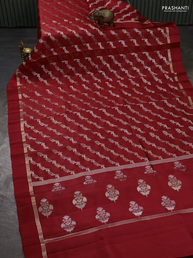 Banarasi poona silk saree red with allover silver & gold zari weaves and zari woven simple border