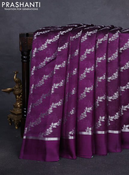 Banarasi poona silk saree purple with allover silver zari weaves and silver zari woven simple border
