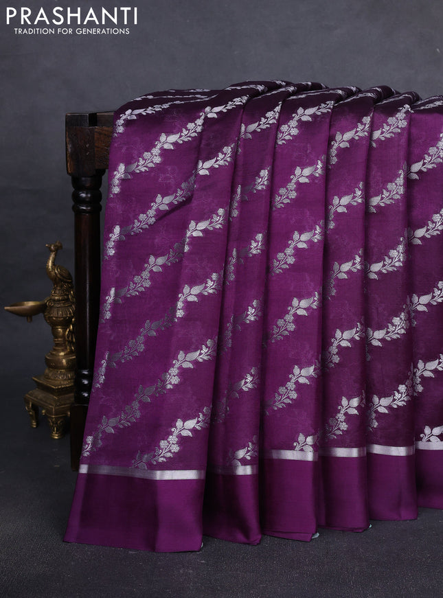 Banarasi poona silk saree purple with allover silver zari weaves and silver zari woven simple border