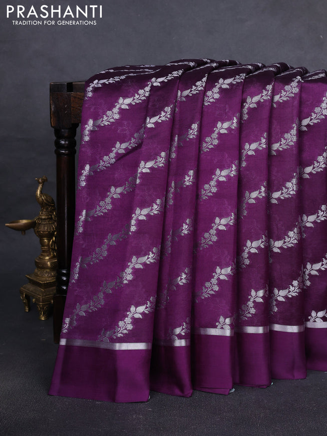 Banarasi poona silk saree purple with allover silver zari weaves and silver zari woven simple border