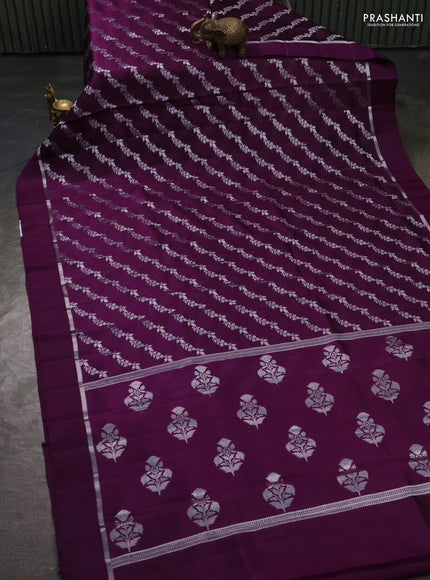 Banarasi poona silk saree purple with allover silver zari weaves and silver zari woven simple border