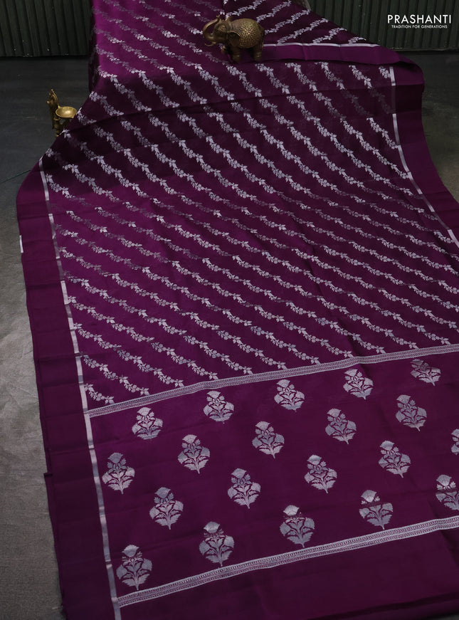 Banarasi poona silk saree purple with allover silver zari weaves and silver zari woven simple border