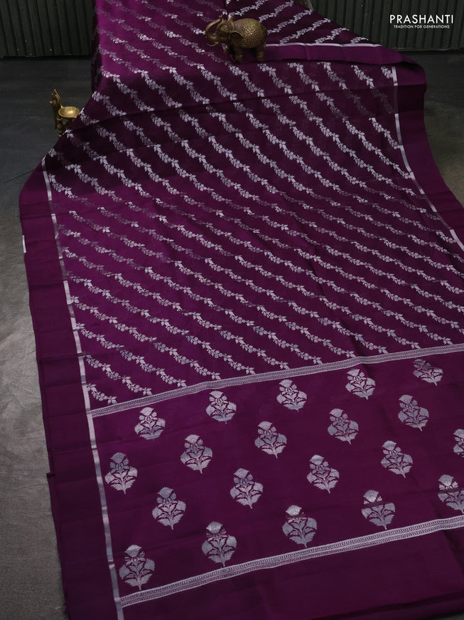 Banarasi poona silk saree purple with allover silver zari weaves and silver zari woven simple border