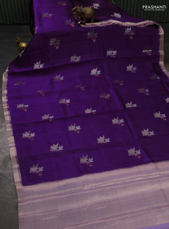 Banarasi poona silk saree violet with zari woven floral buttas and zari woven border