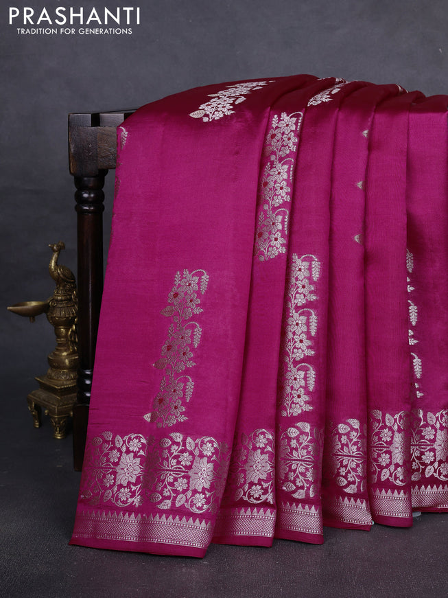 Poona silk saree pink with zari woven floral buttas and silver zari woven border