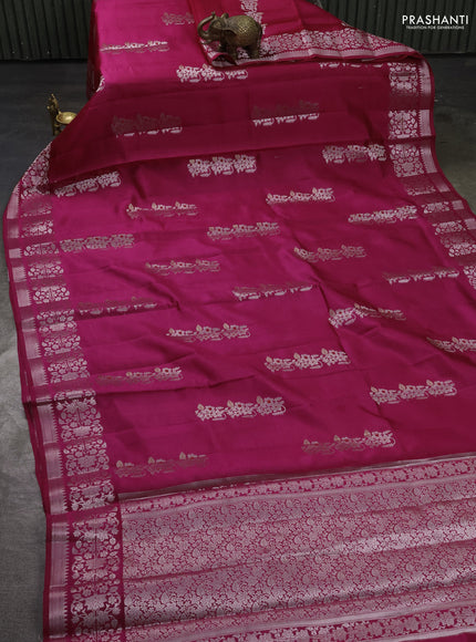 Poona silk saree pink with zari woven floral buttas and silver zari woven border