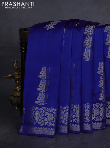 Poona silk saree royal blue with zari woven floral buttas and silver zari woven border