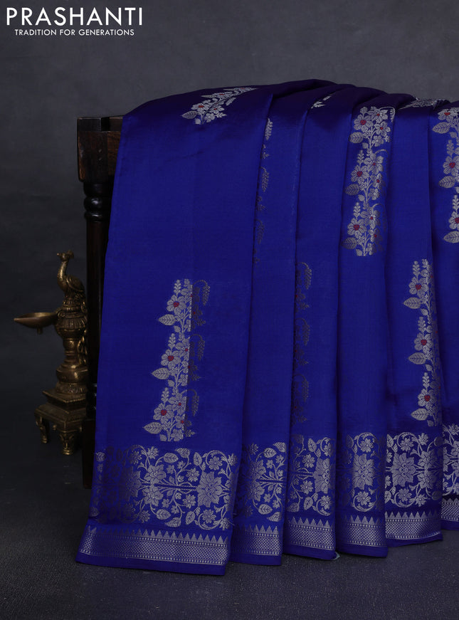 Poona silk saree royal blue with zari woven floral buttas and silver zari woven border