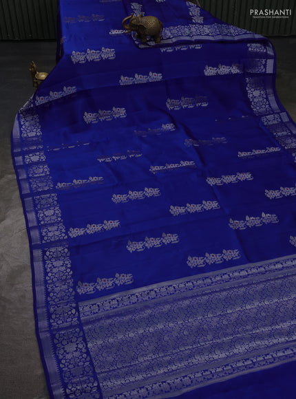 Poona silk saree royal blue with zari woven floral buttas and silver zari woven border