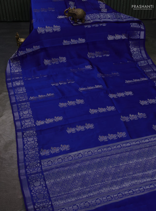 Poona silk saree royal blue with zari woven floral buttas and silver zari woven border
